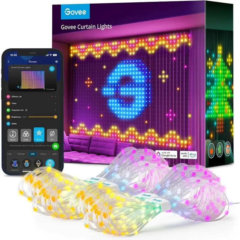 

Dynamic DIY Curtain String Lights for Home Bedroom Party Decor, Outdoor IP65 Waterproof, 5 x 6.6ft, 520 RGBIC LEDs, 2 Pack