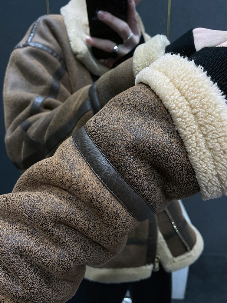 Fashion Retro Fur Coat Men's Winter Thick Motorcycle Jacket Youth Trendy Male Loose Comfortable Lapel Cotton-Padded Coat