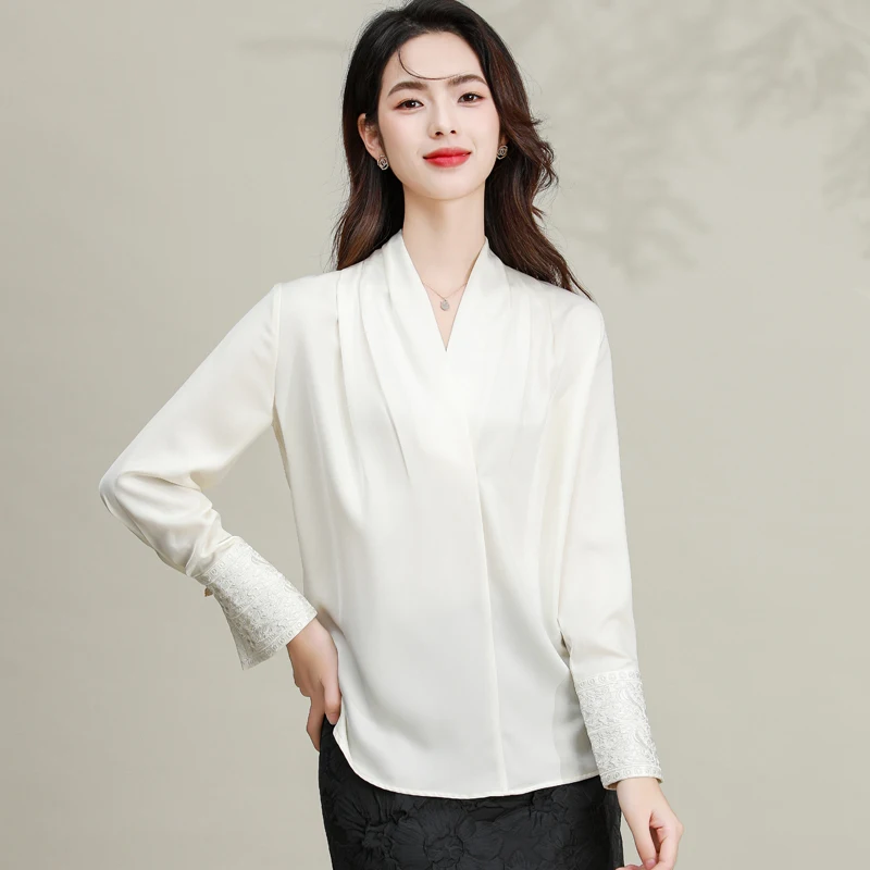 2024 Office Lady Elegant Shirts Women White Glossy Silk Tops With Chic Embroidery Cuff Patchwork Design Shirt New Han Style Look cheap crystal studded owl boxes new owl look new owl design