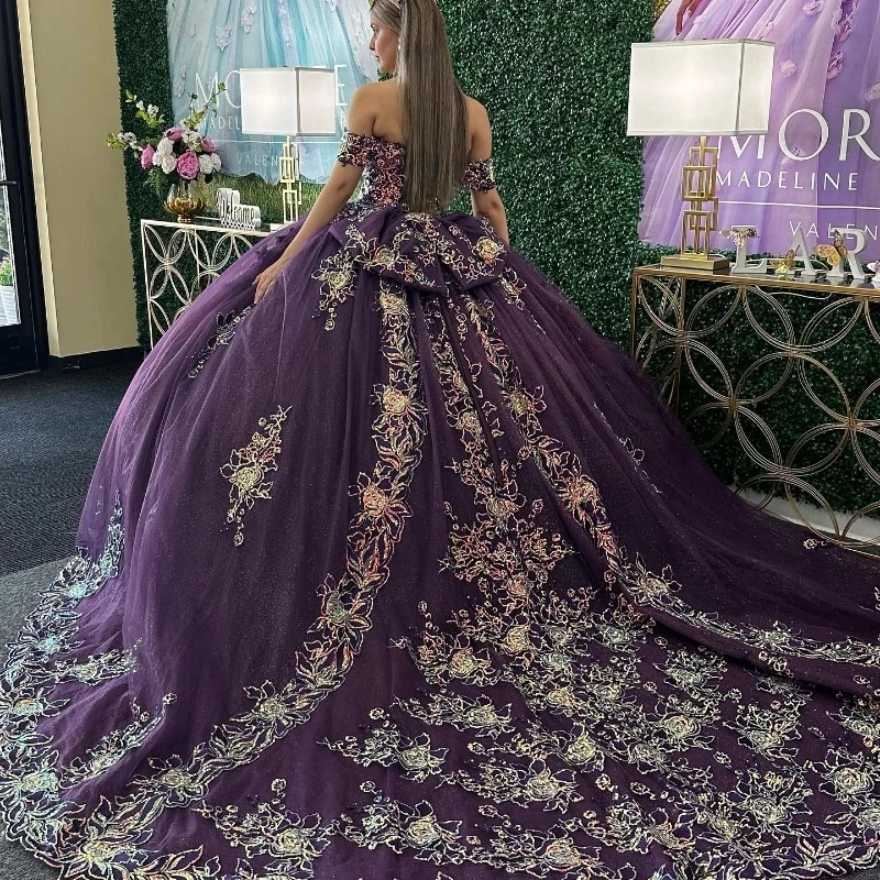 Purple Shiny Sweetheart Quinceanera Dresses Off the Shoulder Ball Gown Appliques Lace Flower Crystal Vestidos De 15 A&ntilde;os