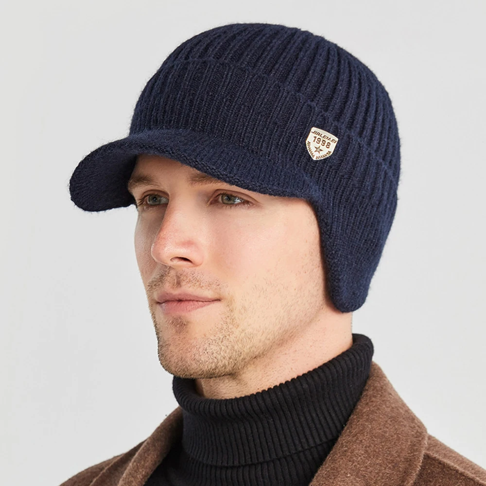 

Men Winter Knitted Hat Outdoor Cycling Ear Protection Warmth Peaked Cap Casual Fashion Sunhat Bomber Hats 56-61CM