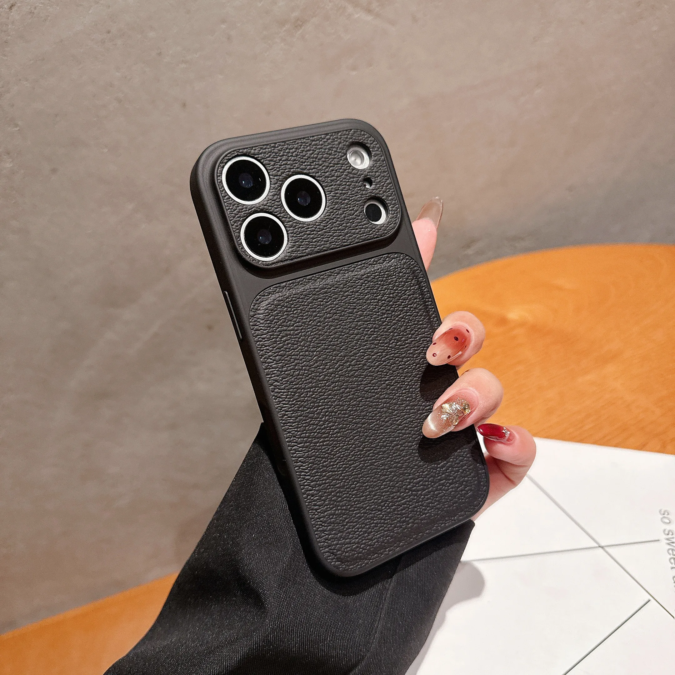 Premium Solid Leather Matte Shockproof Case with Large Camera Window Cover