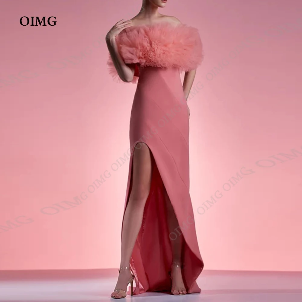 OIMG Modern Pink Long Prom Evening Dresses 2023 Off SHoulder Custom Women High Spit Long Formal Occasion Cocktail Party Gowns