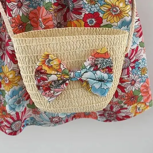 Girls Dress 2 Pcs Summer Floral Cotton with Crossbody Bag for 0-3 Babies