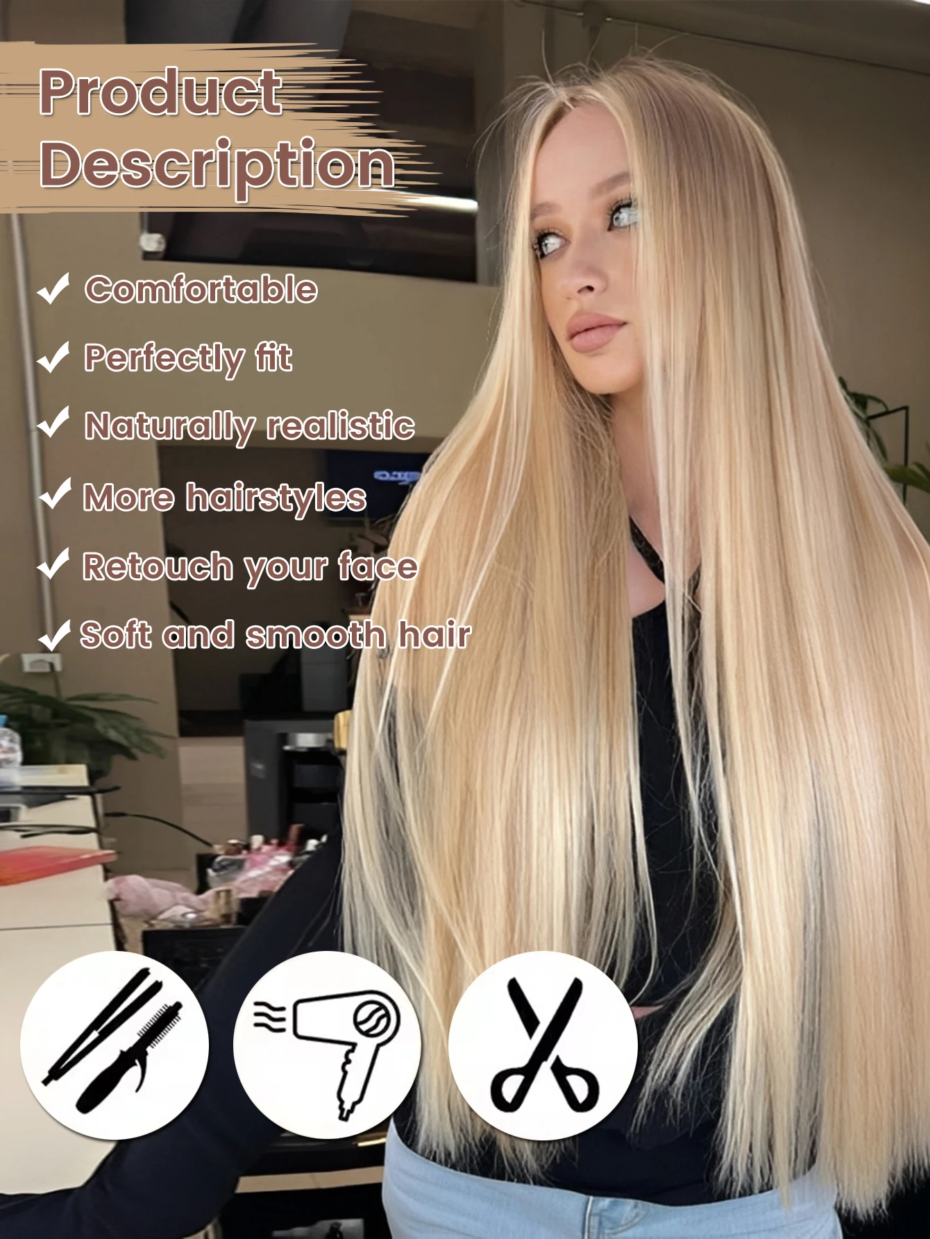 Synthetic Long Straight Wig with Bangs and Curly Ponytail