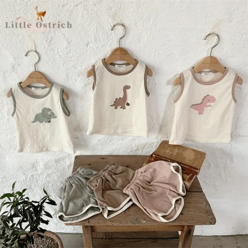 

Newborn Baby Girl Boy Cotton Dinosaur Clothes Set Shirt+Shorts Summer Child Clothing Suit Sleeveless Pullover Baby Clothes 9M-2Y