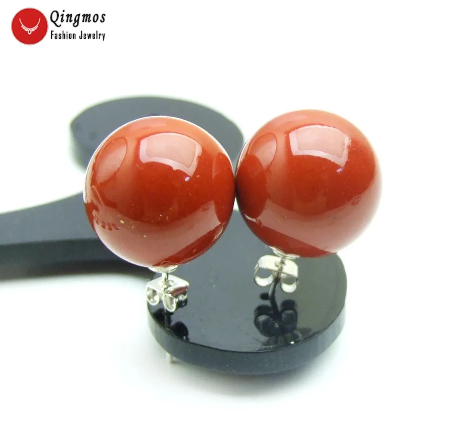 

Qingmos Trendy Natural Coral Earrings for Women with 16mm Round Red Coral Earring Jewelry Stering Silver 925 Stud Earring ear724