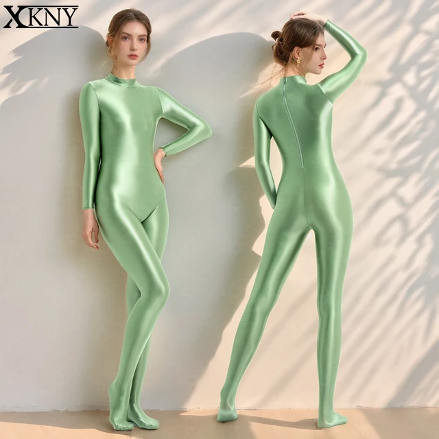 XCKNY glossiness series One Piece bodysuit Sexy Oil High Neck  zipper Long Sleeve Full body Tight Pants Satin Glossy leotard 1