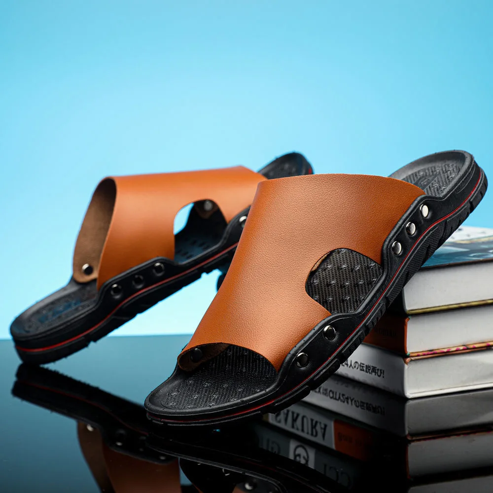 

Leather Slippers Summer Men Causal Slippers Outdoor Flip Flop Indoor Non-Slip Fashion Beach Shoes Flip Flops Hombres Sandalia