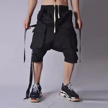 2024 Multi-pockets Detachable Ribbons Hip Hop Techwear Cargo Shorts Men High Street Casual Drop Crotch Baggy Shorts 1