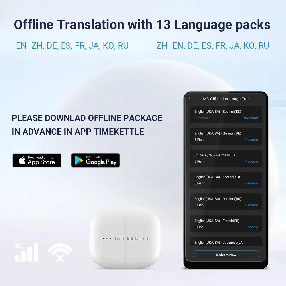 TimeKettle M3 Language Simultaneous Translator Headset Meeting Minutes Business Translation Device Tanslation Music Call 3 in 1