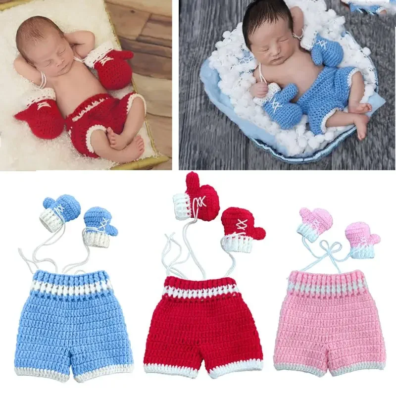 

Newborn Baby Photo Photography Prop Costume Boxing Gloves Shorts Crochet Knit Clothes boxer Boxing gloves and pants Set