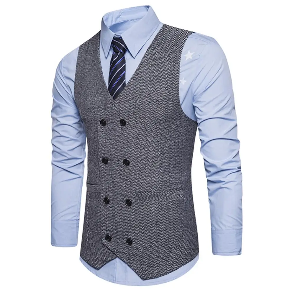 Men Suit Vest Solid Color Double Breasted Waistcoat Slim Fit Formal Sleeveless Plus Size 2XL