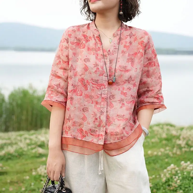 2023 Summer New Maternity Printed Fashion Shirt Ethnic Retro Style Cotton And Linen Pregnant Women's Shirt Maternity Top LF075 5