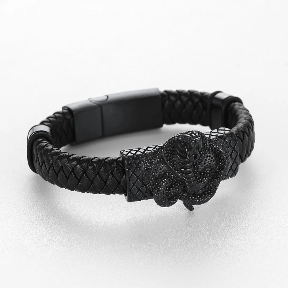 U7 Stainless Steel Animal Leather Bangle Bracelet for Man Cobra Elapid Scorpion Animal Charm Punk Laser Engrave Name ID Bracelet
