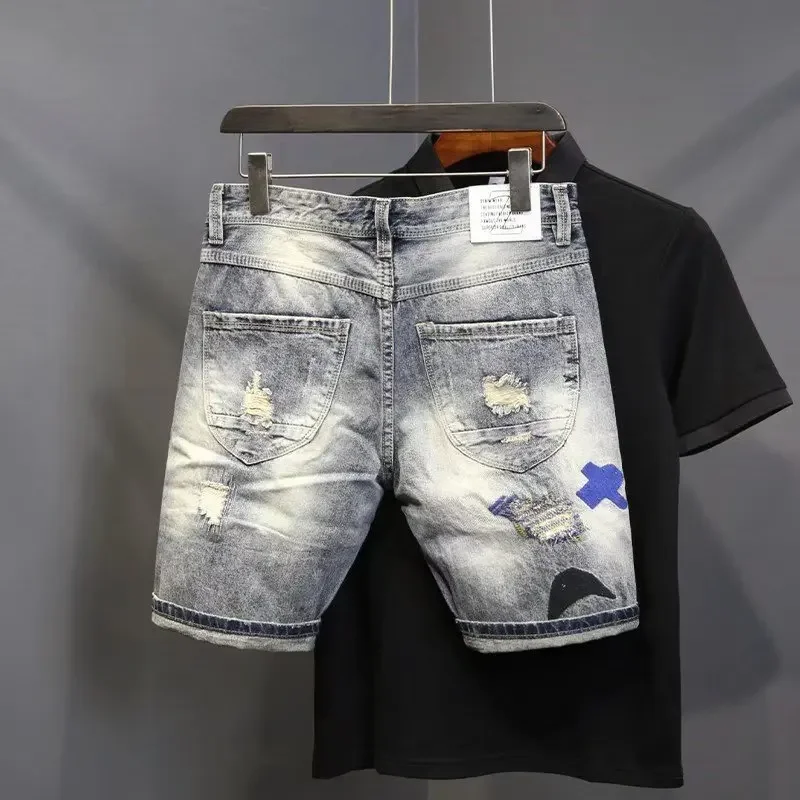 Trendy Denim Shorts For Men Ripped Patched Punk Style 5 Piece Sun Fade Summer Hole Out Leggings Social Media Popular