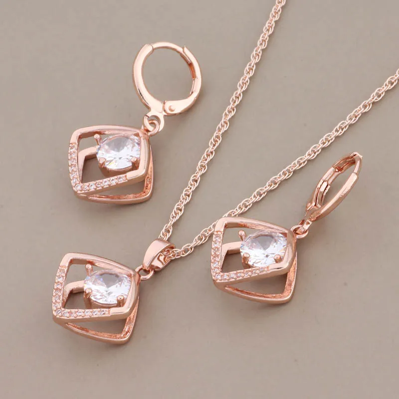 

New Luxury Necklaces And Earrings Set Natural Zircon Unusual Earrings 585 Rose Gold Color Elegant Women's Set Daily Jewelry