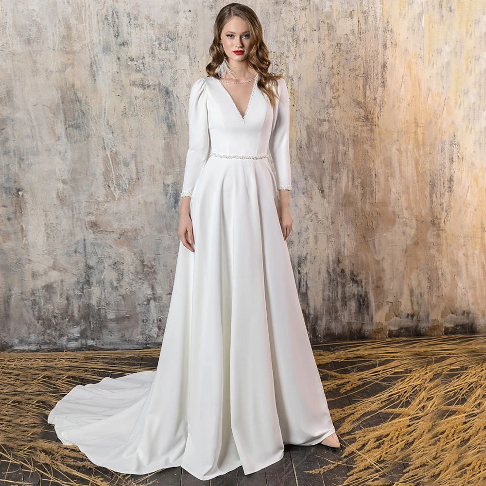 

Weilinsha Jersey V-Neck Wedding Dresses for Women Simple A-Line Long Sleeves Bridal Gown with Beading Sashes Robe De Mariée