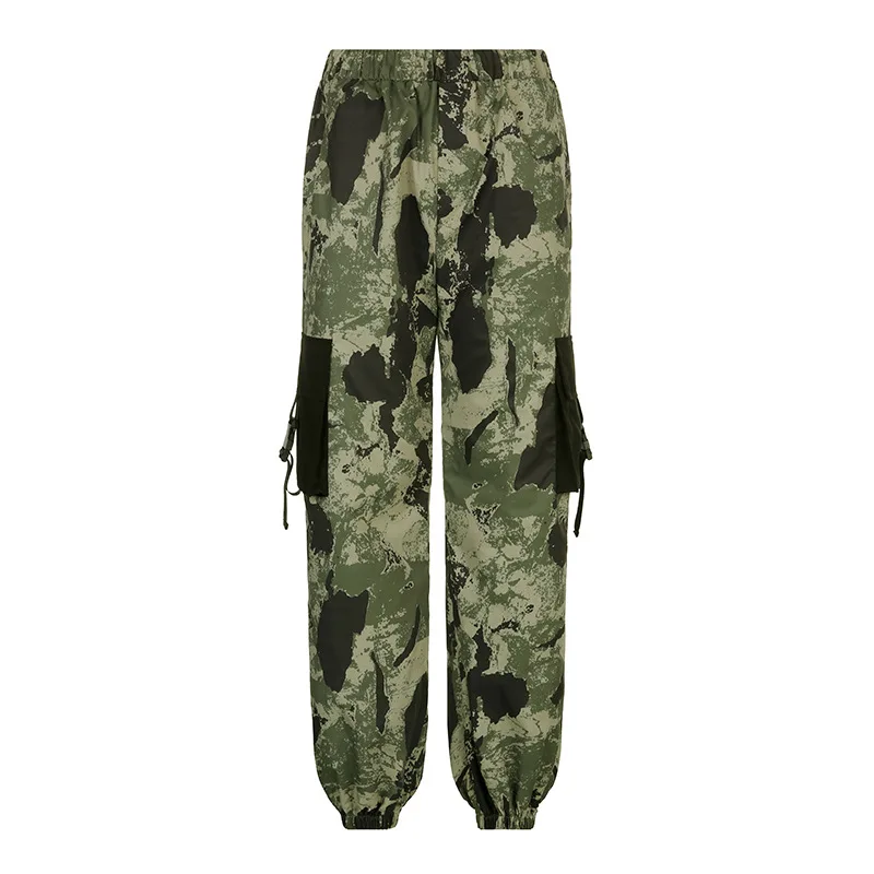 Contrast Pocket Camouflage Baggy Cargo Pants Women Streetwear Elastic High Waist Casual Vintage Trousers Korean Fashion ladies cropped trousers