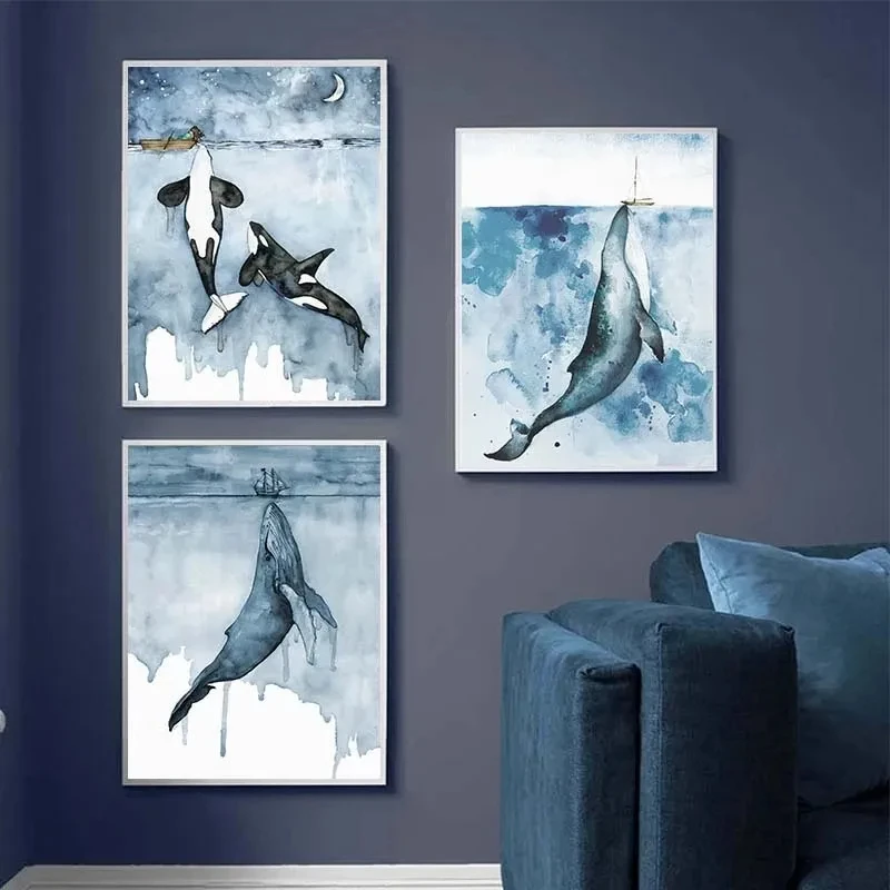 

Modern Watercolor Blue Whale Animal Posters Abstract Ocean Scenery Canvas Paintings Cuadros Wall Arts Pictures Nordic Home Decor