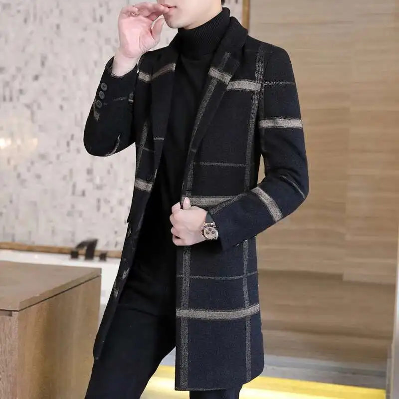 Grid Print Medium Length Thick Warm Versatile Jacket 2024 Winter Jacket Men Woolen Clothe Windbreaker Slim Abrigo Largo Hombre 5