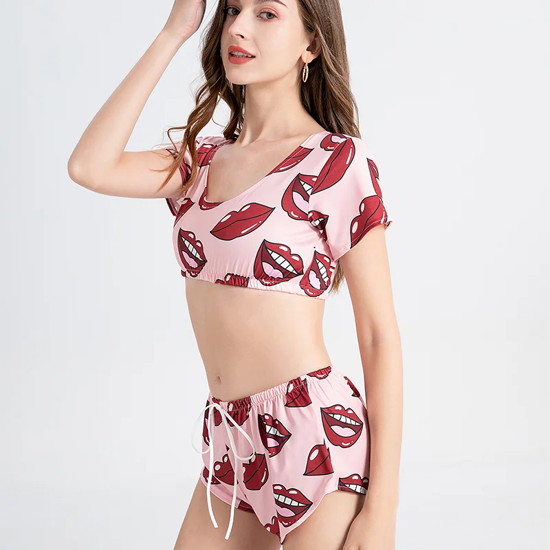 Summer Female Sleepwear Suit Pajamas 2pcs Top + Pants Women Homewear Underwear