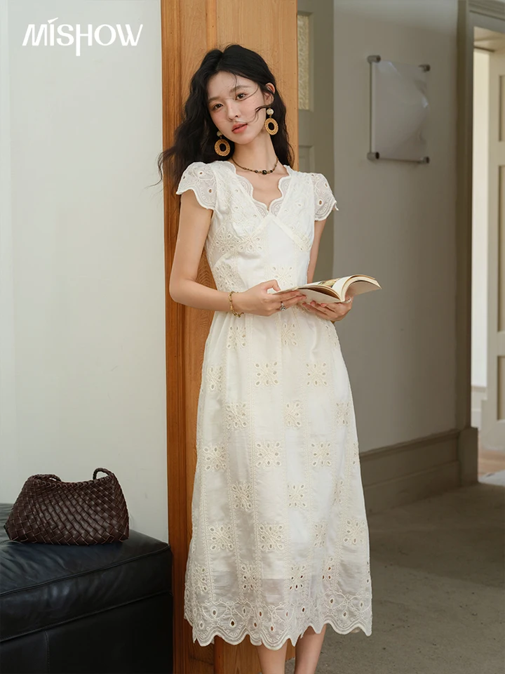 MISHOW Women's Flying Sleeve V-neck Hollow Dress 2025 Summer