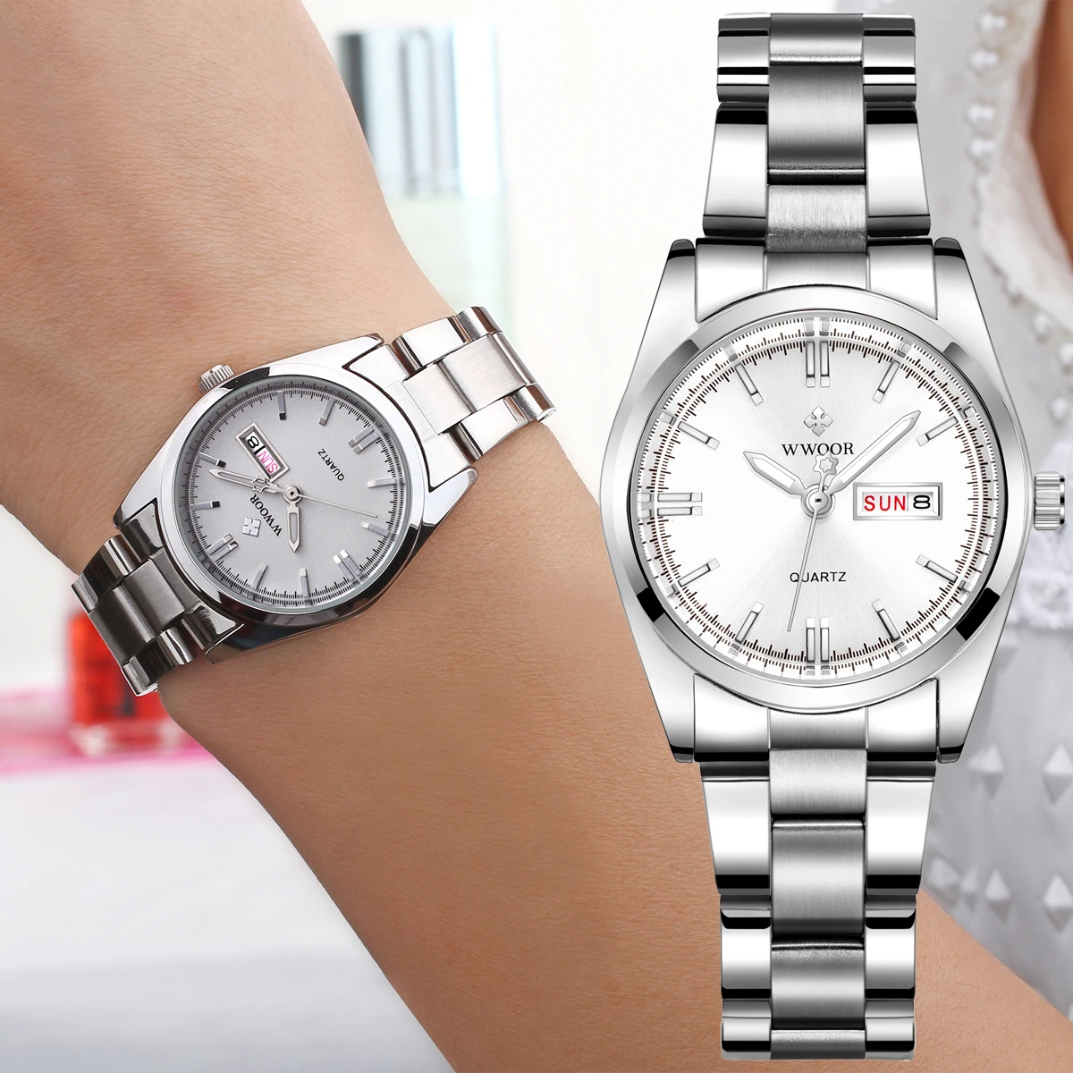 

Женские Водонепроницаемые часы WWOOR из нержавеющей стали, повседневные часы белого и черного цвета с браслетом под платье, 2023
