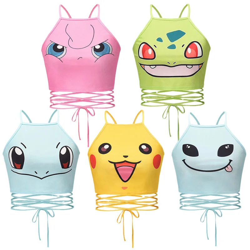 

Pokemon Anime Figure Pikachu Jigglypuff Squirtle Bulbasaur Sexy Strap Vest Cartoon Kawaii Summer Girl Navel Top T-shirt Gifts