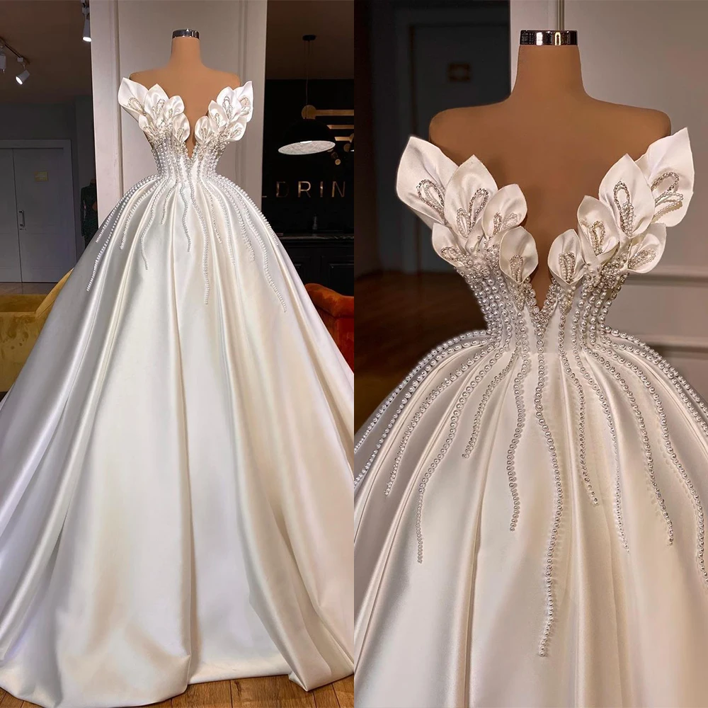 

Elegant A-Line Wedding Dresses With Flower V-Neck Beads Fashion Sleeveless Bridal Gown Brush Train Robe De Vestido Hot Sale