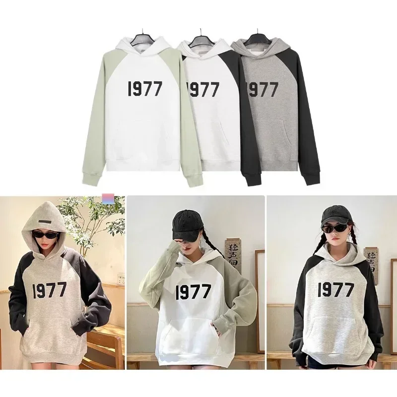 

ESSENTIALS New Double Thread Digital 1977 Spliced Color Hooded Sweater High Street Plush Loose Pullover Hoodies Couple Sweater