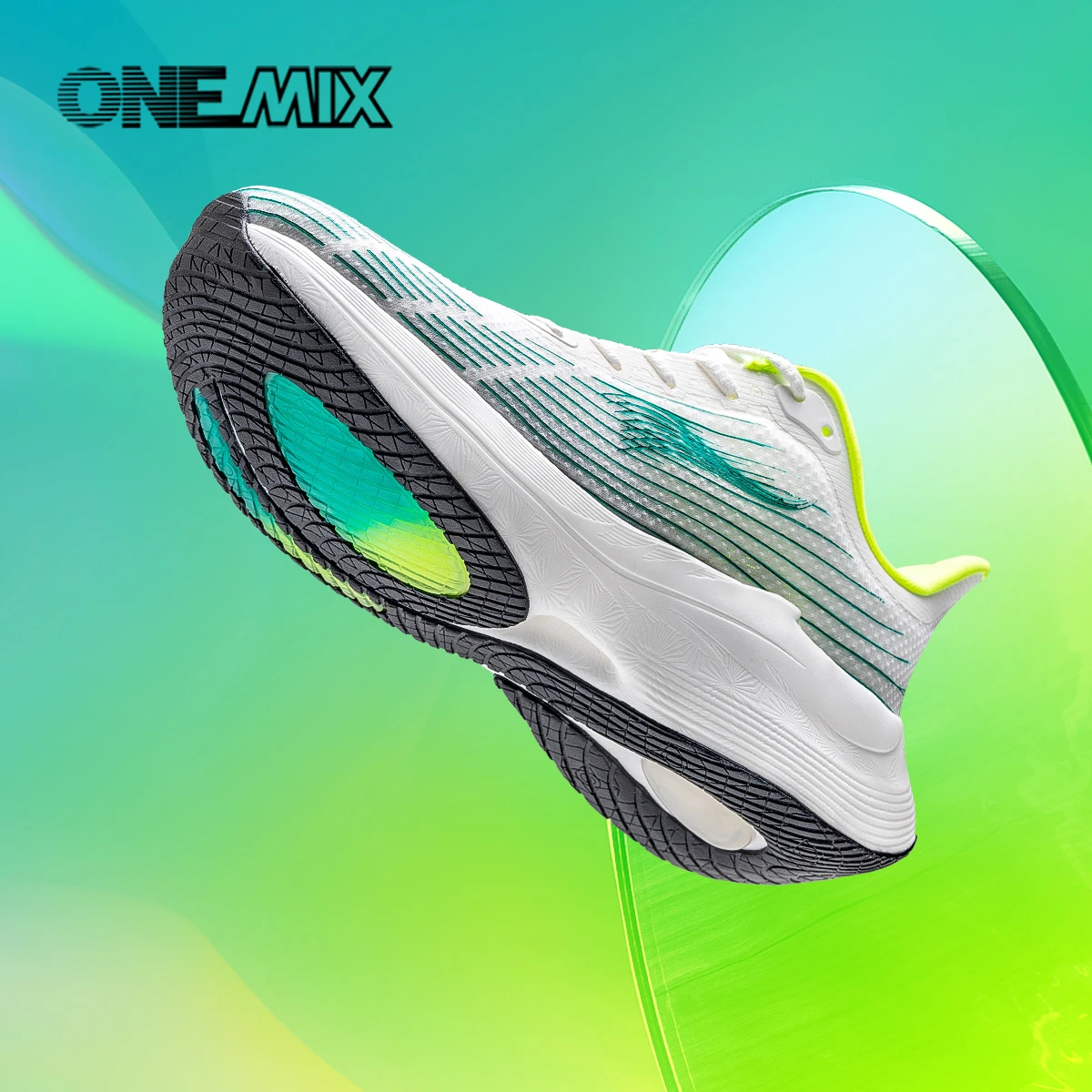 ONEMIX 2023 Marathon Men Running Shoes Green Breathable Mesh Carbon Fibre Plate Women Sneakers Lace Up Mesh Athletic Sport Shoes