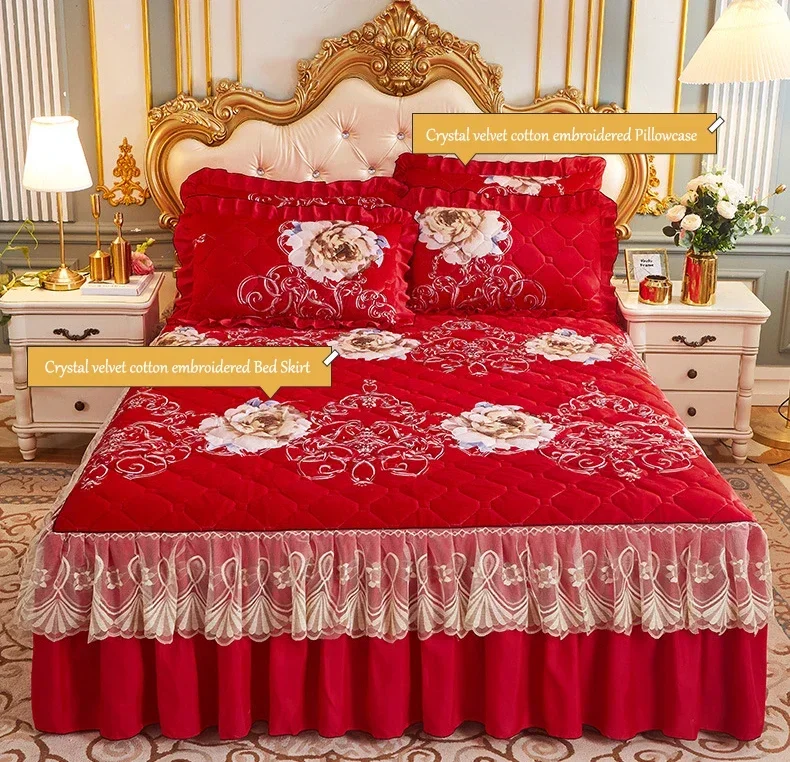 Princess Lace Quilted Bed Sheets Crystal Cute Thick Cotton Warm Velvet Wedding Bedspreads with Skirt King Queen Size bedding set bed skirt