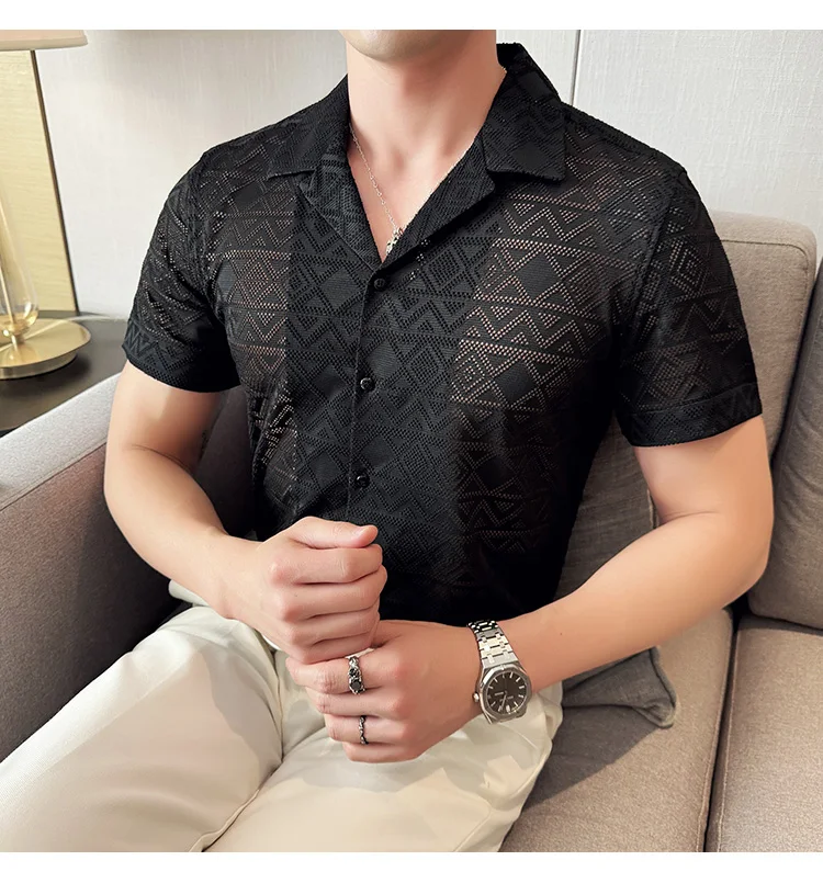 Spring/Summer Short Sleeved Shirt for Men Tailored Collar Lace Shirt Fashion Nightclub Social Party Tuxedo Blouse Streetwear