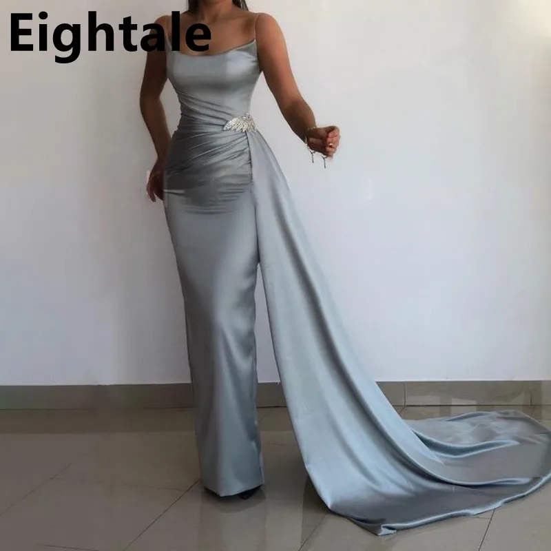 

Eightale 2023 Silver Mermaid Satin Evening Dress Spaghetti Straps Floor Length Beads Prom Dress Formal Party Gown Robe de soiree