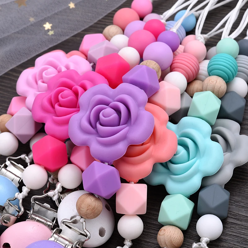Baby Teether Pacifier Chain Silicone Wood Beads Pacifier Clips Infant Nipple Appease Soother Chain Clip Dummy Holder Nipple Clip 5