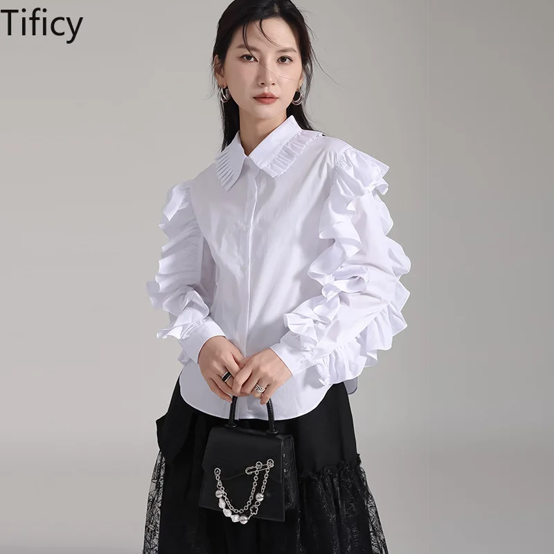 

TIFICY Women's 2024 Cotton New Unique Design Folded Collar Shirt with White Elegant Ruffle Sleeve Lace Shirt Tops