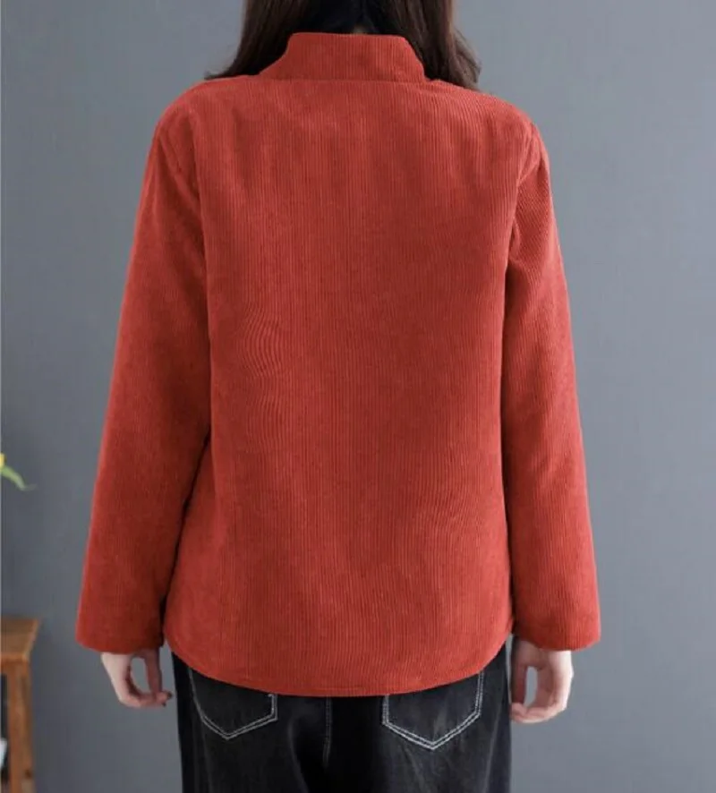 Winter Chinese Classical Women Corduroy Cotton Coat Plush Thick Jacket Ladies Casual Long Sleeve Keep Warm Jackets