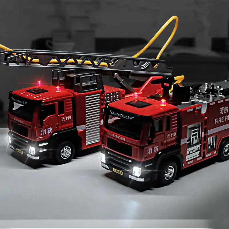 Alloy Fire Truck Model City Diecast Metal Engineering Vehicle Ladder Car Sound And Light Pull Back Car Kids Toy Boy Gift