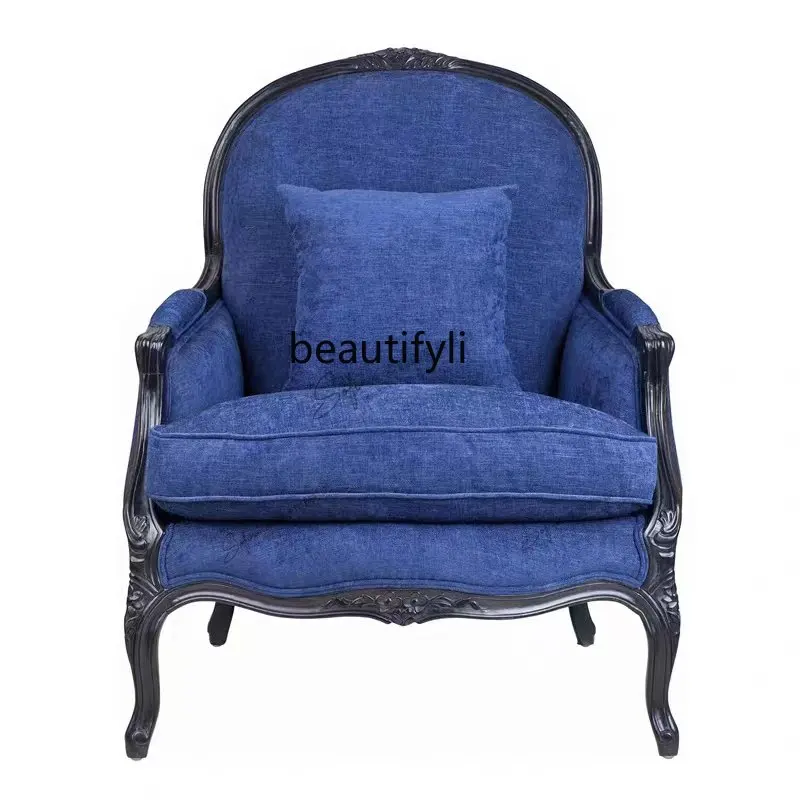 

American Country Wood Carved Simple European Small Apartment Fabric Single Sofa Leisure Chair