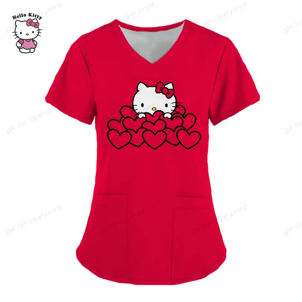 Uniformes médicos de Hello Kitty para mujer, camisetas de enfermera con estampado de dibujos animados de Hello Kitty, uniforme de novio para mascotas, ropa de cuidado de manga corta
