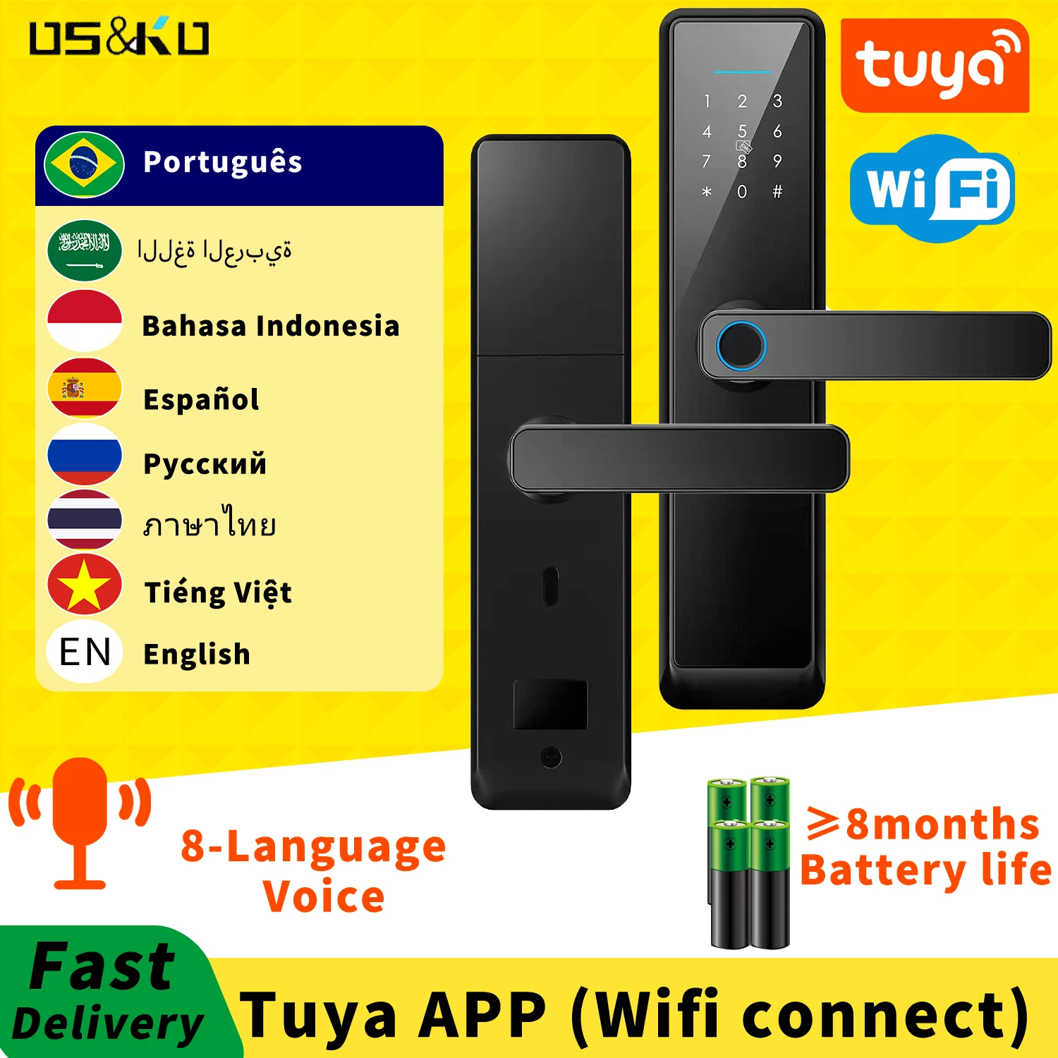 Wifi Tuya Biometric Fingerprint Smart Door Lock Password RFID