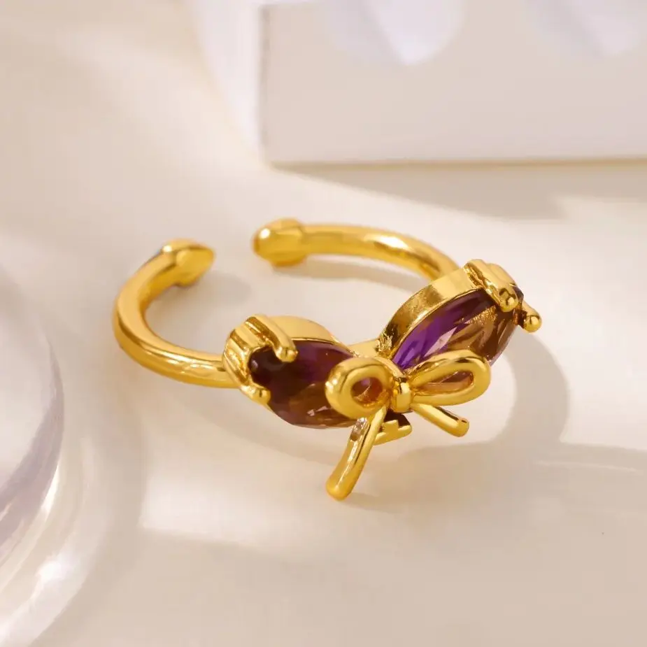 Stainless Steel Rings Romantic Bow Tie Adjustable Zircon Opening Ring For Women