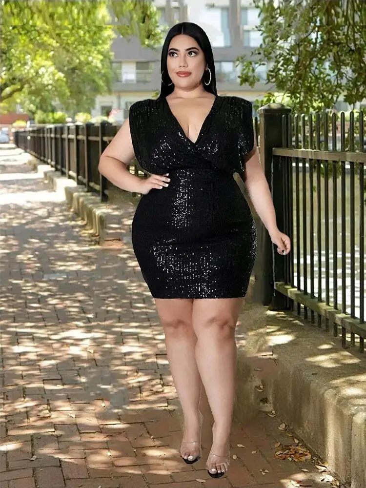 Abito Plus Size Women Party Club Wear Deep V Ladies Sequin Mini Dress Slinky Sexy Stretto Vestito Nero All'Ingrosso Dropshipping All'Ingrosso