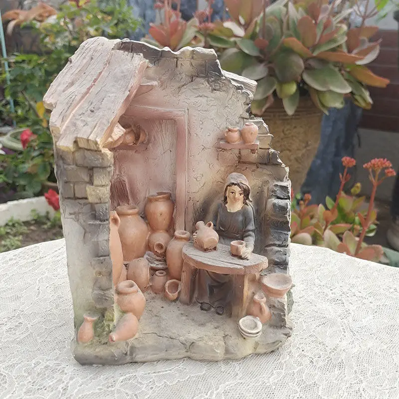 

Pastoral Retro Little Girl Dilapidated Old House Resin Adornments Garden Balcony Lawn Sculpture Crafts Yard Layout Accessories