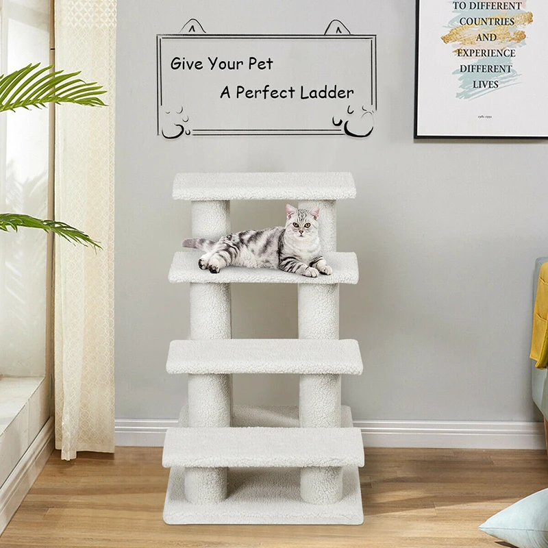 

24 Inch 4-Step Pet Stairs Carpeted Ladder Ramp Scratching Post Cat Tree Climber Carpeted Ladder Ramp Scratching Post