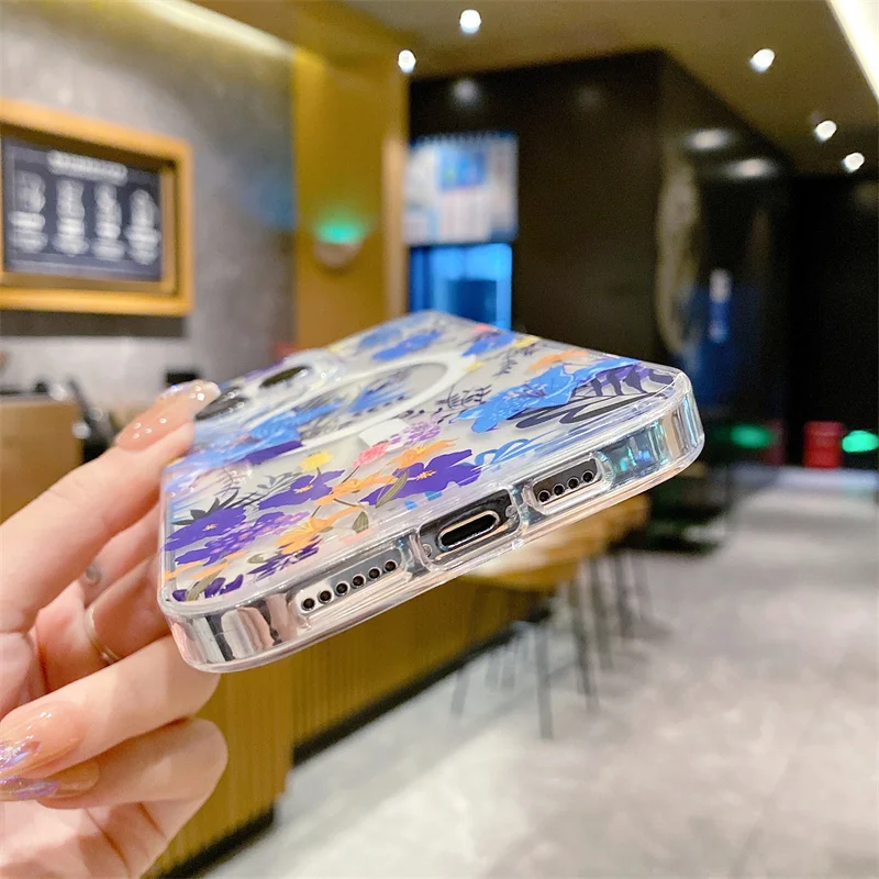 Transparente Magsafe-Hülle mit schönen Blumen für iPhone 16 Pro Max 15 14 13 12, dünne, harte, kabellose Ladeabdeckung aus Acryl, Funda 14Pro_voghion.com