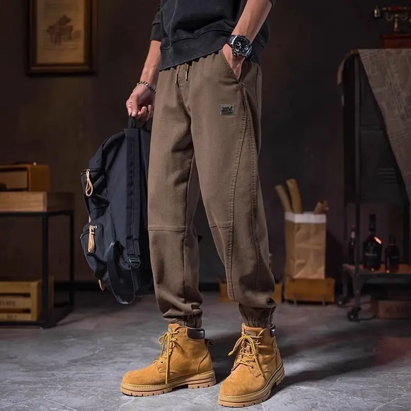New Men's Spring Autumn Solid Color Trousers Elastic High Waist Pockets Drawstring Spliced Stylish Loose Casual Harlan Pants
