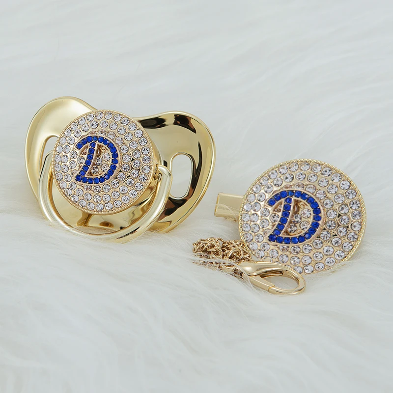 

MIYOCAR gold bling Initials bling blue letter D bling pacifier and pacifier clip BPA free dummy bling unique gift to baby