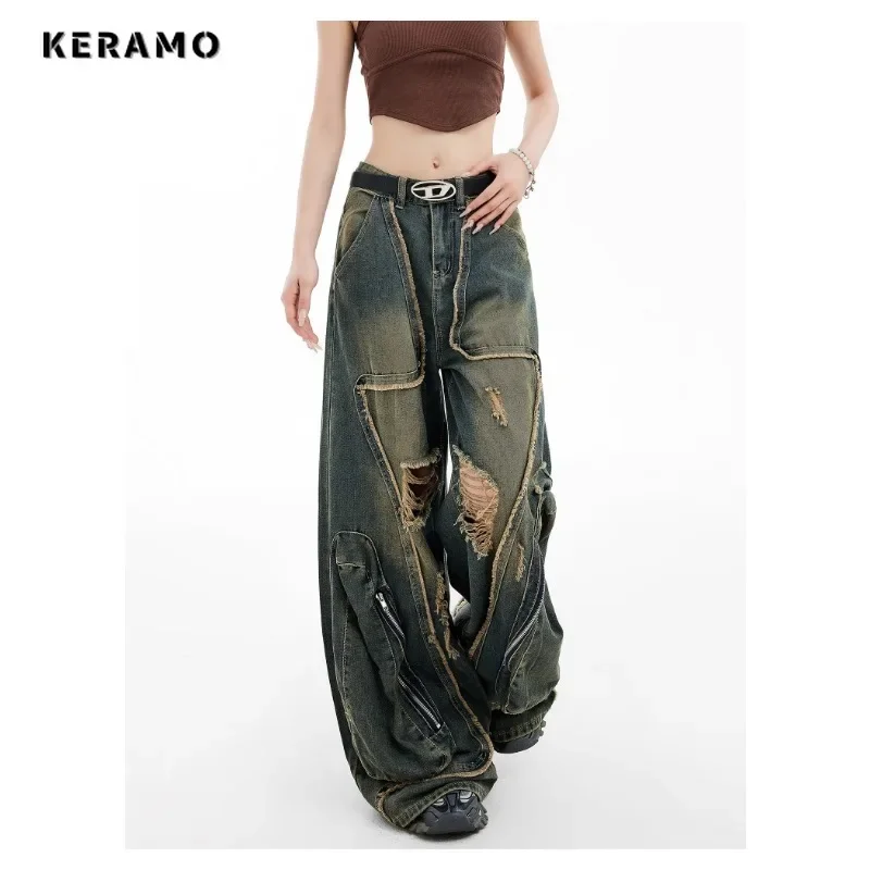 Women's Casual Ripped Harajuku Jeans Y2K Wide Leg Punk Baggy Denim Trouser Autumn Vintage Zipper Emo Loose Washed Pants